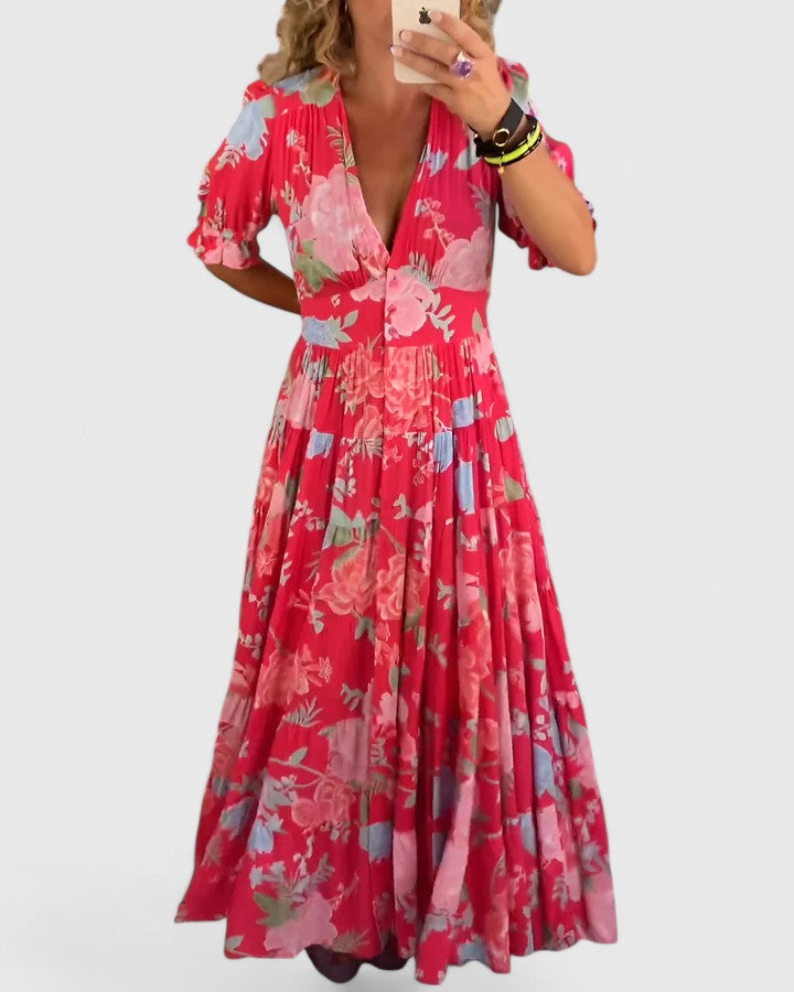 Minelda | Elegantes Blumen-V-Ausschnitt-Kleid