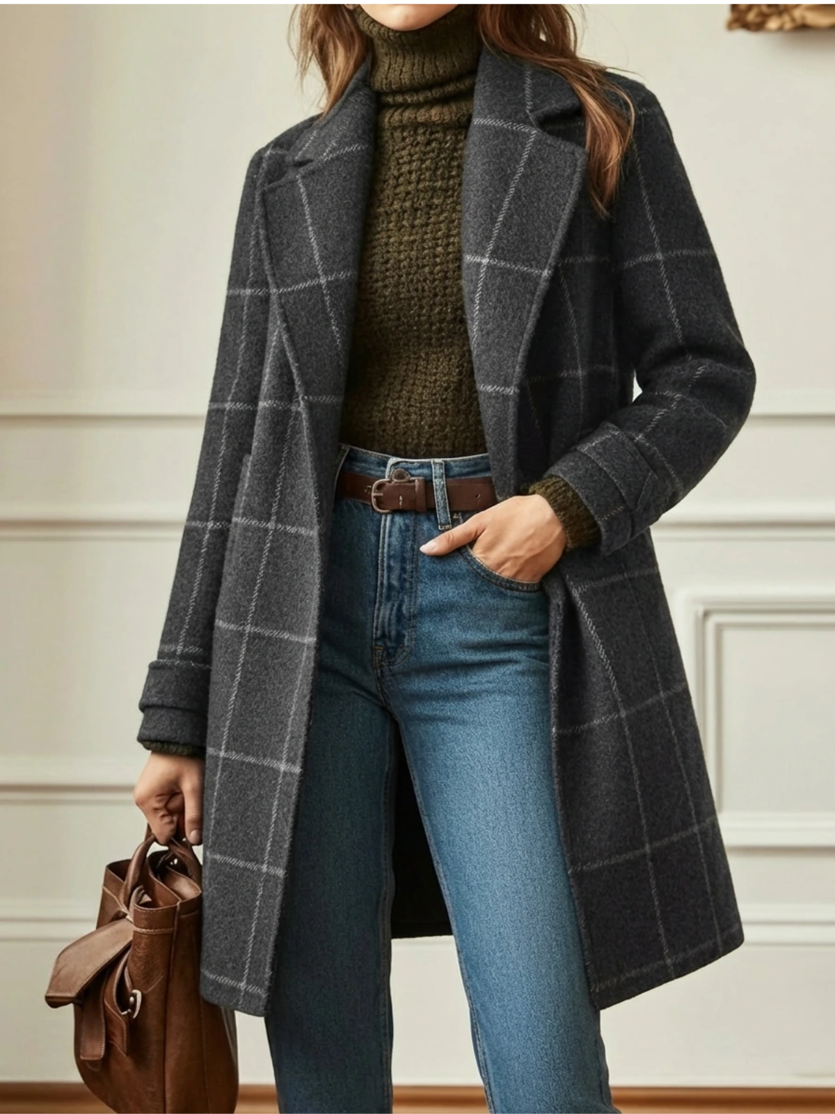 Elowen | Karierter Wollmischung Langmantel