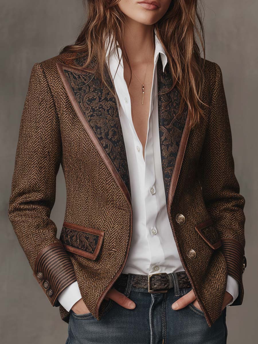 Damen Massgeschneiderter Herringbone Paneel Blazer
