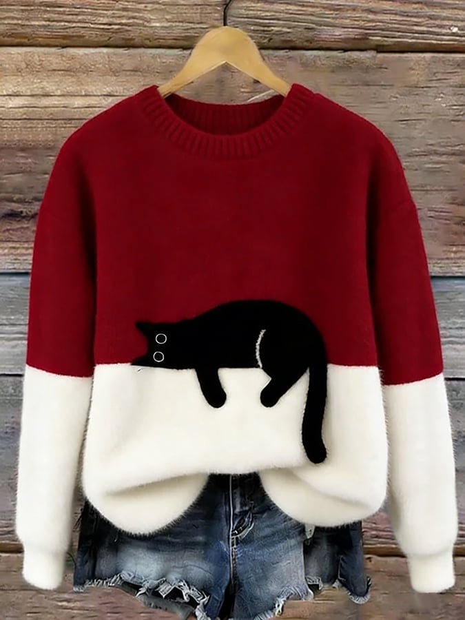 Ingrid — Oversized Pullover mit Katzenmotiv