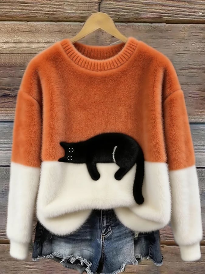 Ingrid — Oversized Pullover mit Katzenmotiv