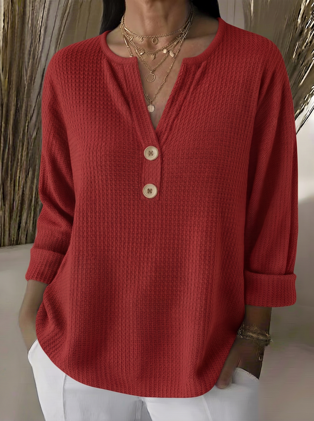 Lucinda | Waffle Henley Pullover