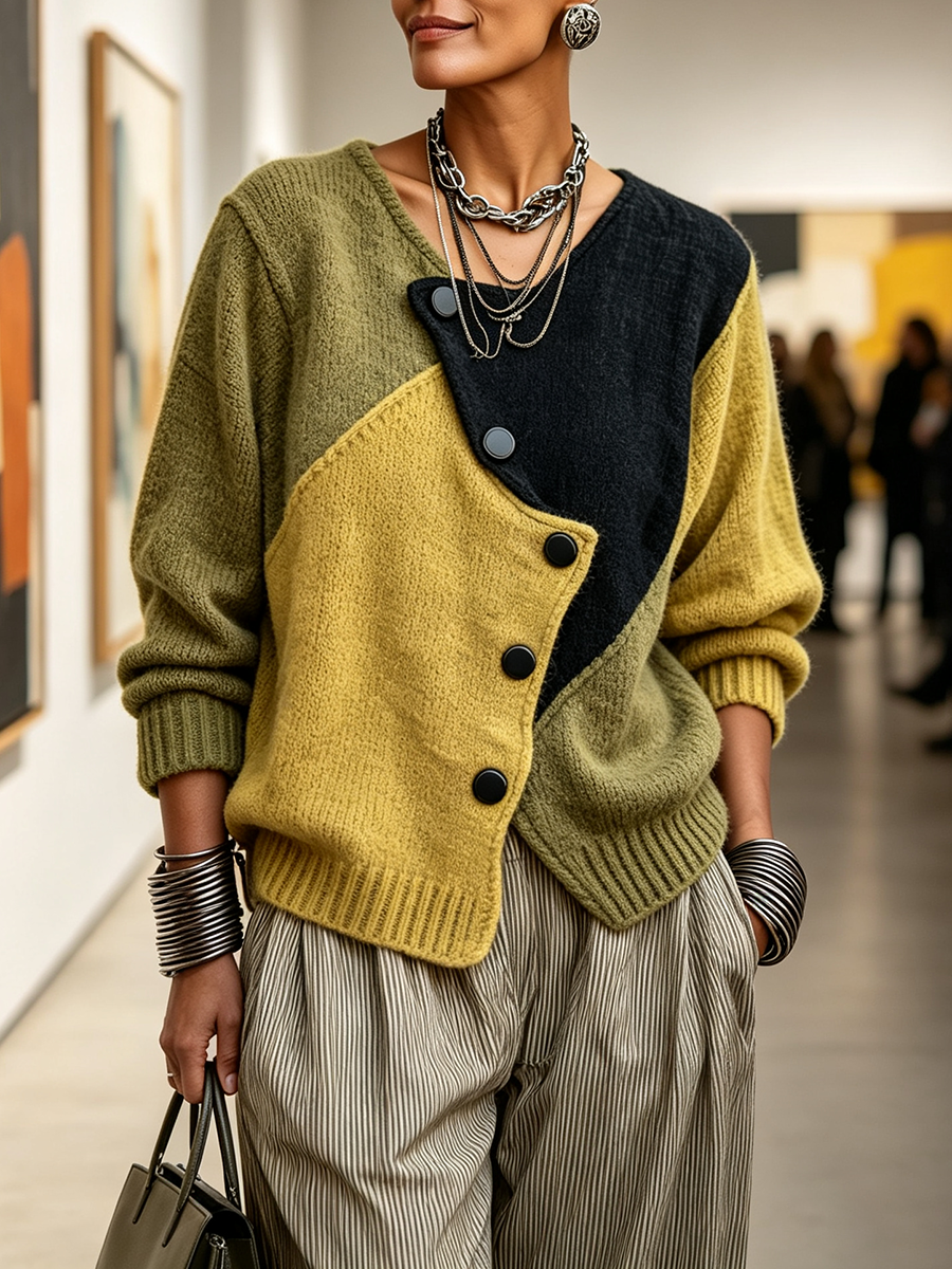 Künstlerischer Gemütlicher Asymmetrischer Farbblock Strickpullover