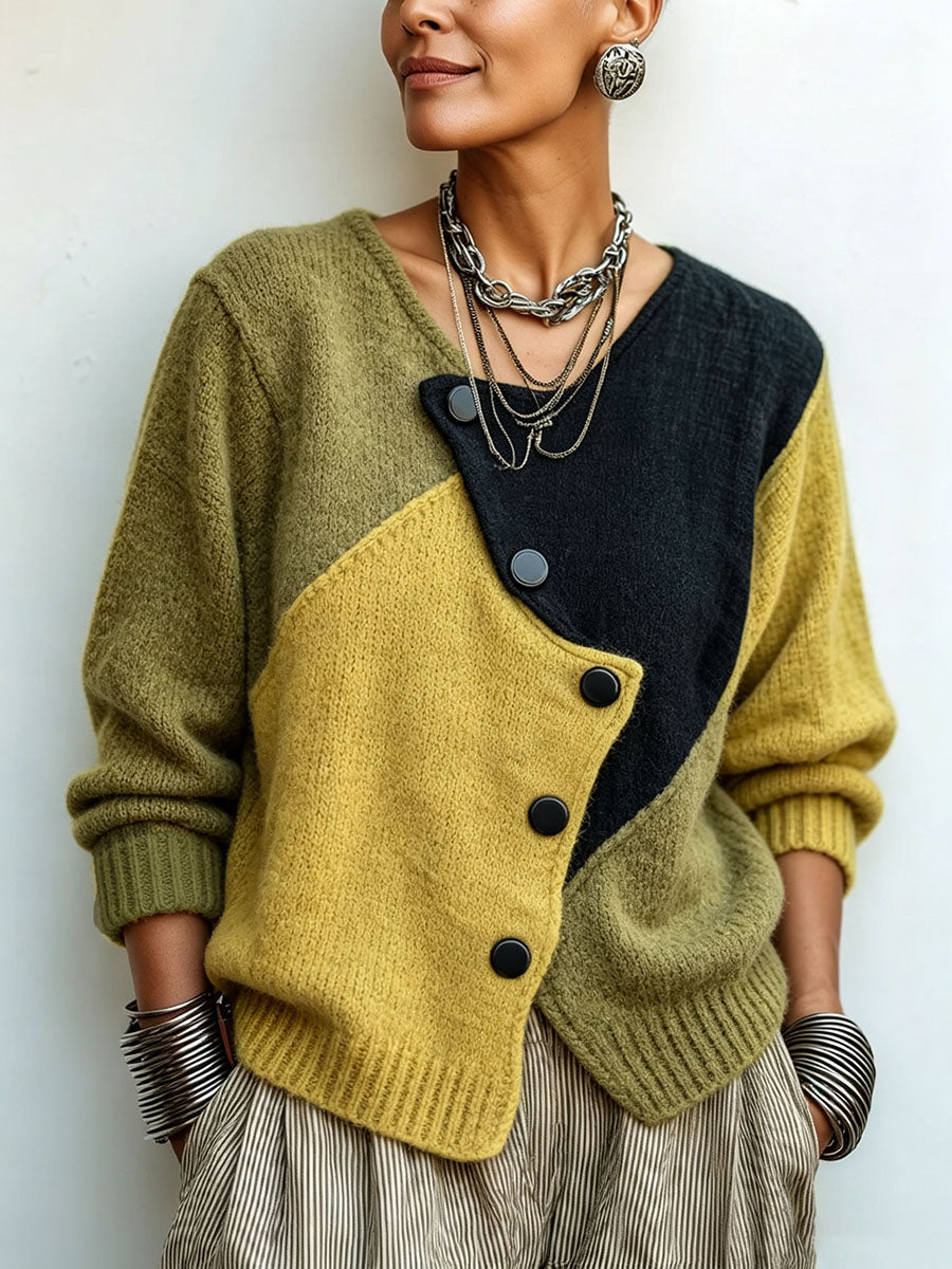 Künstlerischer Gemütlicher Asymmetrischer Farbblock Strickpullover
