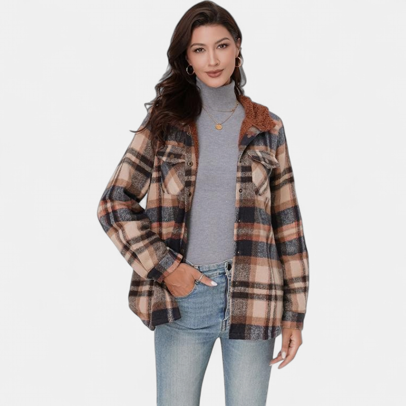 AMELIA | Damen Karo Kapuzen Flanelljacke für Herbst & Winter
